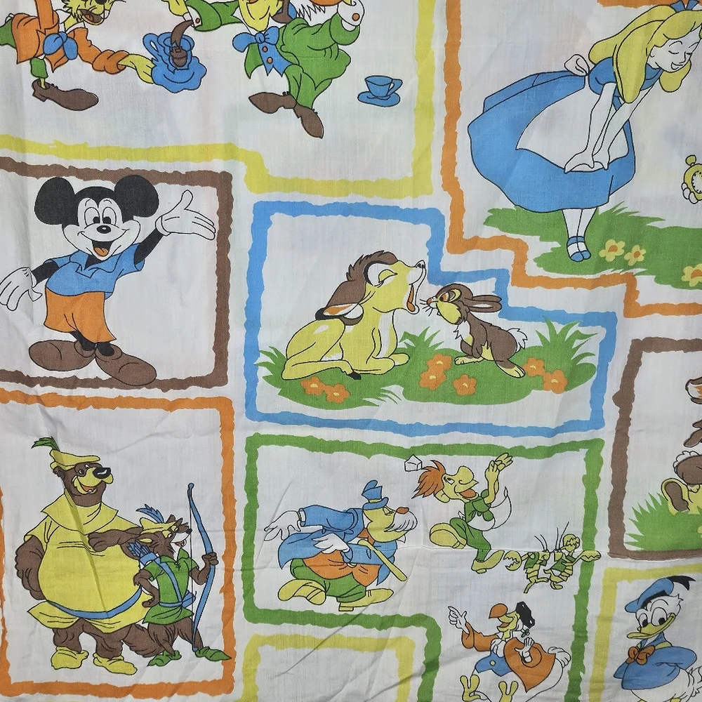 VTG Disney Alice in Wonderland Bambi Robin Hood Mickey Twin Flat Sheet 59.5